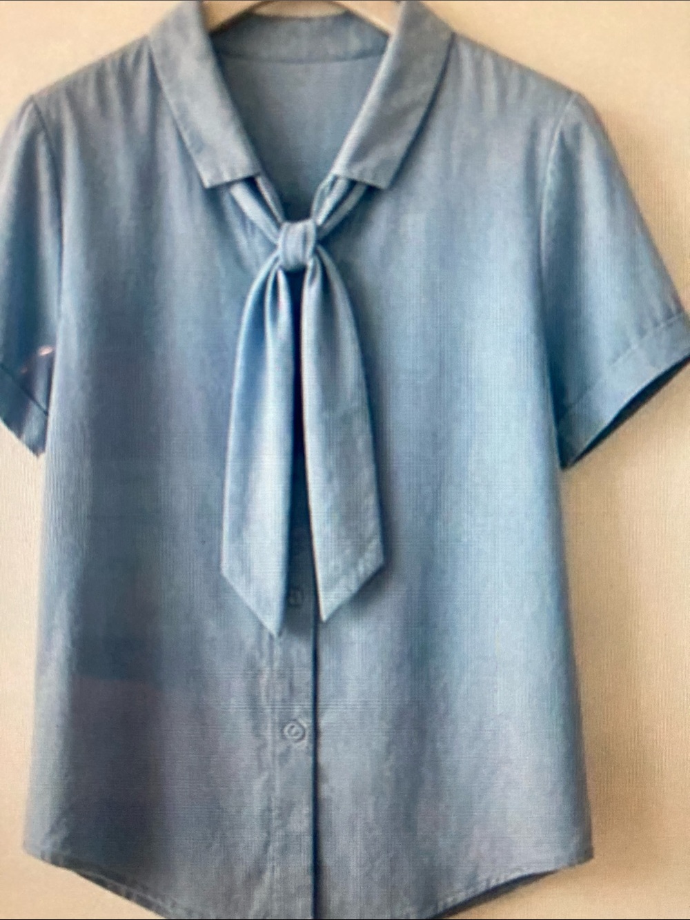 Light Blue Tie-Neck Short Sleeve Blouse